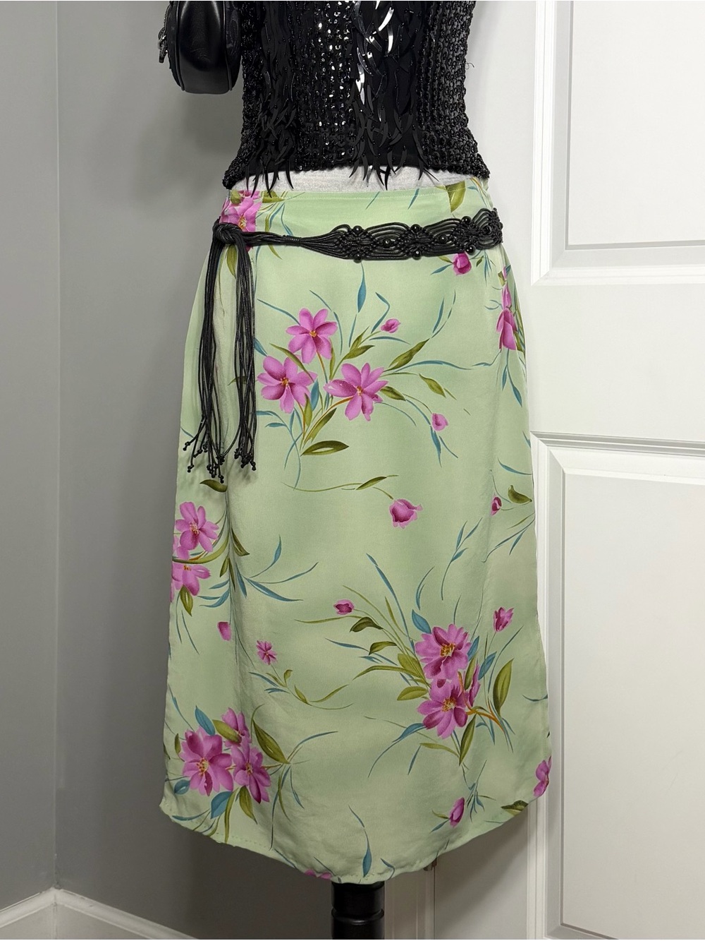 Vintage Jaclyn Smith Collectibles Green Pink Floral Mesh Midi Skirt